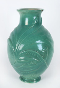 HOFFMAN POTTERY (attributed) lyrebird vase with green glaze, not signed, 44cm high