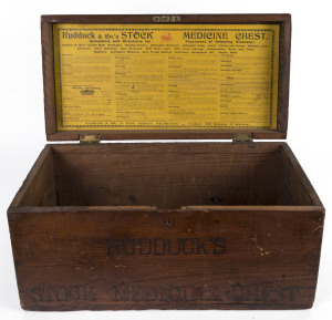 RUDDUCK & Co. Stock medicine chest with original paper label under the lid, stained red pine, 19th century, 23cm high, 46cm wide, 23cm deep