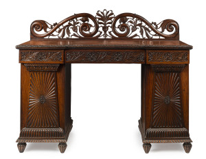 A fine Anglo-Indian Regency twin pedestal sideboard, ornately carved padouk, circa 1820, 125cm high, 153cm wide, 61cm deep