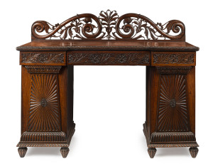 A fine Anglo-Indian Regency twin pedestal sideboard, ornately carved padouk, circa 1820, ​125cm high, 153cm wide, 61cm deep