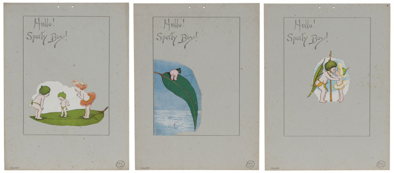 May GIBBS (1877 - 1969) Hullo! Sporty Boy! Three letterpress calendar cards, original grey boards, imprinted at lower margins "Copyright May Gibbs", and each with a shaped colour process Gumnut Babies design with printed May Gibbs signature in the image.