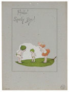 May GIBBS (1877 - 1969) Hullo! Sporty Boy! Three letterpress calendar cards, original grey boards, imprinted at lower margins "Copyright May Gibbs", and each with a shaped colour process Gumnut Babies design with printed May Gibbs signature in the image. - 3
