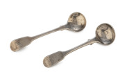 DAVID BARCLAY (active 1830s and 1840s), two Australian silver mustard spoons, circa 1830s. Barclay is regarded as the first silversmith in Van Diemens Land (Tasmania) and works by him are extremely scarce. 9.5cm and 10cm long. These spoon bear Hallmark 16 - 2