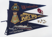 WW2 period Australian Navy pennants, "H.M.A.S. Westralian", "T.S.M.V. Duntroon", and "H.M.A.S. Ping Wo", together with a small group of medals and badges, (12 items).
