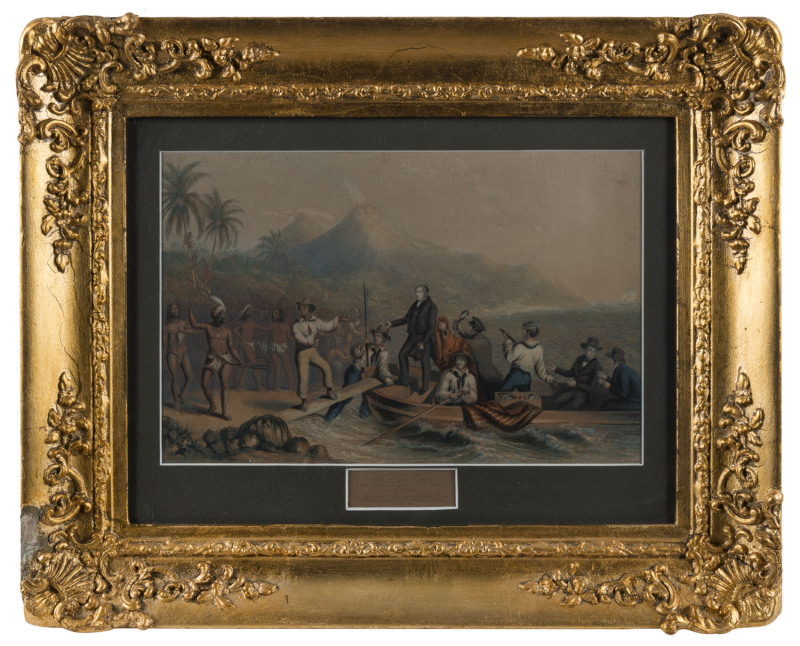 GEORGE BAXTER (1804-1867), The Reception of the Rev. J. Williams at Tanna in The South Seas The Day Before He Was Massacred, hand-coloured lithograph, in fine gilt frame with label verso "JAs. FENWICK, Carver, Gilder & Print Seller, DUNDEE", ​23 x 32cm