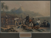 GEORGE BAXTER (1804-1867), The Reception of the Rev. J. Williams at Tanna in The South Seas The Day Before He Was Massacred, hand-coloured lithograph, in fine gilt frame with label verso "JAs. FENWICK, Carver, Gilder & Print Seller, DUNDEE", ​23 x 32cm - 2