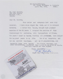 FRANCIS MICHAEL FORDE: autographed letter, signed F.M. Forde in ink, and dated April 1971, from his home in Brisbane to a correspondent in Canada, where Forde had served for 6½ years as High Commissioner for Australia. Forde was the 15th Prime Minister of Australia - serving for just over a week, from 6 to 13 July 1945. He held office after the death of John Curtin, and is the shortest-serving prime minister in Australia's history.