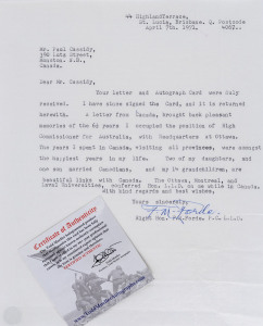 FRANCIS MICHAEL FORDE: autographed letter, signed F.M. Forde in ink, and dated April 1971, from his home in Brisbane to a correspondent in Canada, where Forde had served for 6½ years as High Commissioner for Australia. Forde was the 15th Prime Minister of