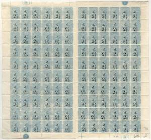 1891 (SG.169) 2&frac12;d on 9d Pale blue Sideface Perf.12 full sheet of 120 with Plate 7 & Control no. 50, some pencil annotation in selvedge. Cat.&pound;600.