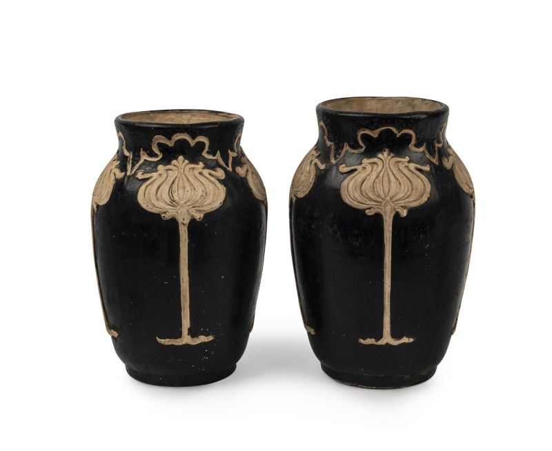 VICTORIA ART POTTERY (William Ferry) rare pair of Australian Art Nouveau vases with applied waratah motif, incised "V. A. P." in triangle mark, 26cm high