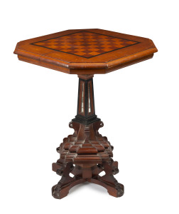 An Australian games top occasional table with mirrored column, cedar, huon pine, blackwood and ebony,19th century, 75cm high, 61cm wide, 60cm deep