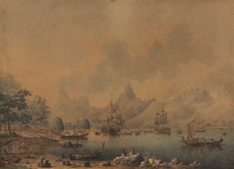 John CLEVELEY (after James Cleveley (1747-1786) Morea, one of the Friendly Islands in the South Seas watercolour on paper, laid down on backing paper, circa 1780s, in fine period gilt frame with title, 43.5 x 60cm