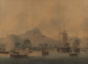 John CLEVELEY (after James Cleveley (1747-1786) Island of Huaheine, HMS Resolution and Discovery in the Bay watercolour on paper, laid down on backing paper, c1780s, in fine period gilt frame with title, 43.5 x 60cm