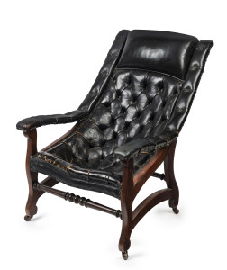 An Australian Colonial easy chair, blackwood and black leather, mid 19th century, 65cm across the arms