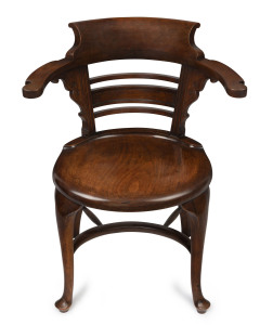 A Tasmanian blackwood captains chair with crinoline stretcher and cabriole leg, 19th century, 65cm across the arms