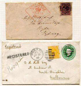 1871-1896 range of covers & document showing Sideface usage with 1871 Longford to Table Cape franked 2d, 1874 3d Sideface to Sydney, 1886 registered 2d embossed envelope uprated 4d lemon yellow to Melbourne & 2½d on 9d overprint pairs on registered cover 