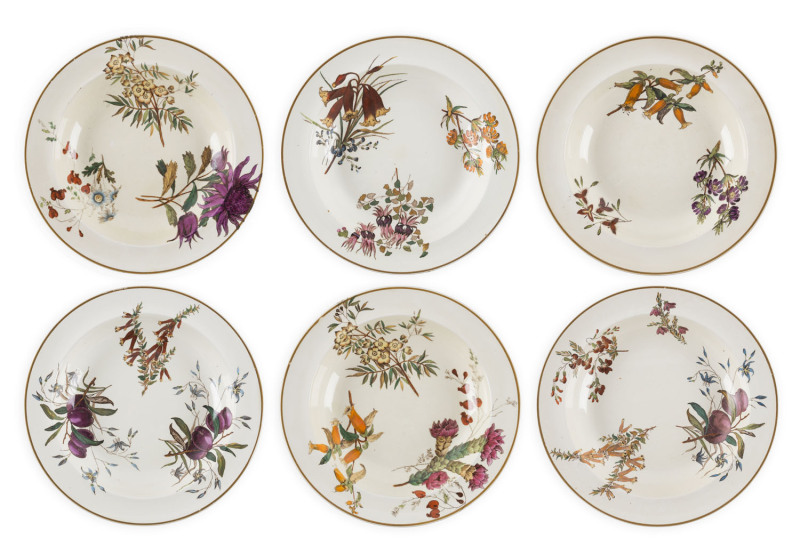 WEDGWOOD "Australian Flora" rare set of 6 porcelain bowls, circa 1880, a fine set with rare waratah (in purple), 24.5cm diameter