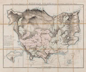 "MAP AND CHART OF NORFOLK ISLAND FROM ACTUAL SURVEY, 1840" by J. Arrowsmith, London, 1842; dissected into 18 sections, laid down on canvas and folded into the original slipcase; lithographic map with contemporary hand colouring, inset map of Phillip Islan