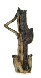 WILLIAM RICKETTS rare and early pottery vase with applied koala on tree stump spirit figure, circa 1939, incised "Wm. Ricketts, Potter's Sanctuary, Mt. Dandenong, May God Watch Over You Both, Also Edward, To Mr. & Mrs. Roberts, 1939", accompanied by a single page hand written letter addressed to Mr. & Mrs. Roberts signed by Ricketts from the Pottery Sanctuary" 30cm high