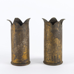 A pair of WW1 period trench art shells engraved "Souvenir Of Belgium", 9.5cm high