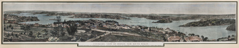 Panoramic view of Sydney, New South Wales engraved by Horace Harral, Published as a supplement to The Graphic, Dec. 27, 1879. Attractively framed & glazed, overall 39 x 140cm; hand coloured. Title inscription continues: First settled by Commodore Phillip