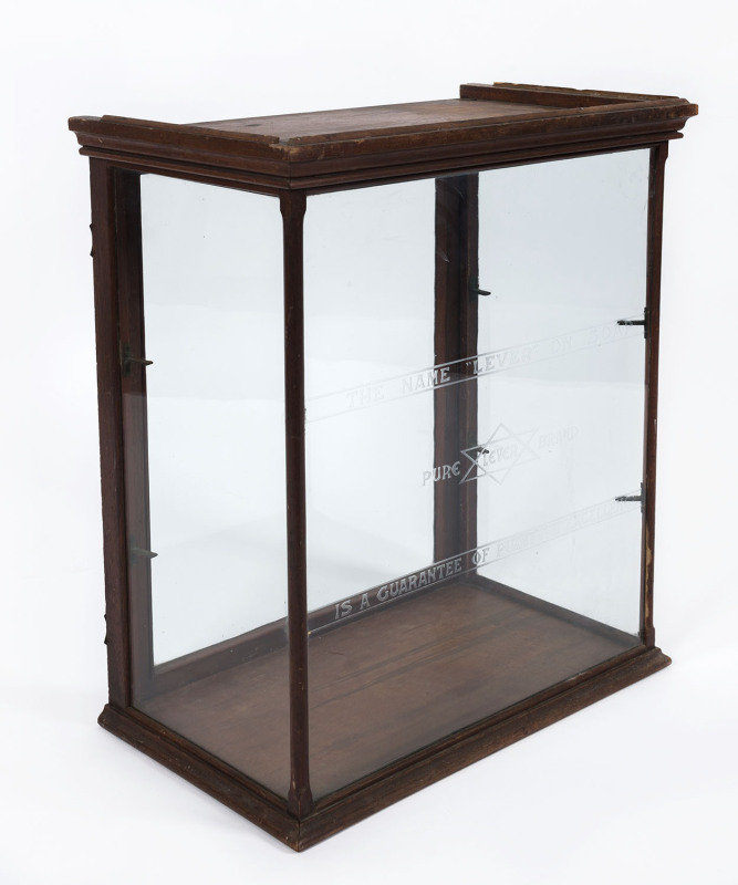 LEVER SOAP counter top advertising display case, cedar and pine with etched glass, 19th century, 66cm high, 56cm wide, 33cm deep