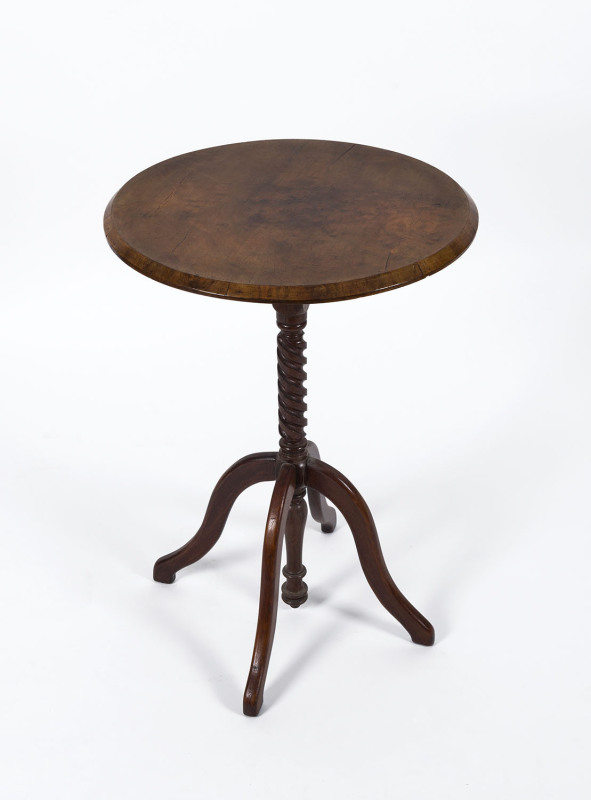 A folk art wine table, walnut top with cedar base, most likely 1930s, 78cm high, 54cm diameter