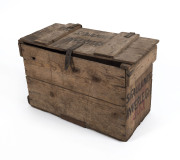 A primitive timber box made from packing crates, painted "S. Faulkner Inverleigh", Western Districts, Victoria, late 19th century, 40cm high, 57cm wide, 26cm deep