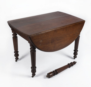 An Anglo-Indian campaign table, teak and oak, circa 1840, unfortunately missing leaves, 75cm high, 112cm wide (extends to 265cm wide with extra leg), 138cm deep