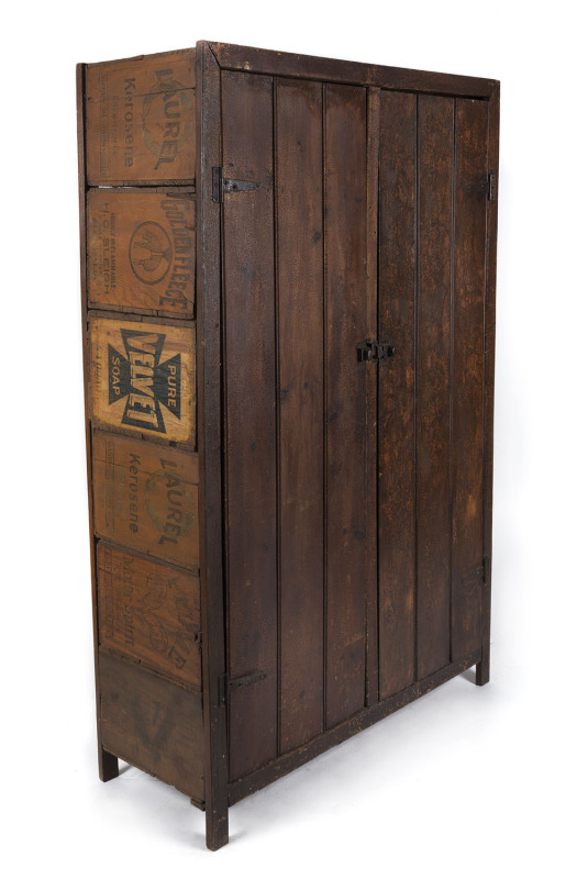 A folk art cabinet made from packing crates, late 19th / early 20th century, 170cm high, 105cm wide, 41cm deep