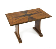 An Australian Art Deco occasional table inlaid with Australian specimen timbers, mid 20th century, 47cm high, 77cm wide, 48cm deep