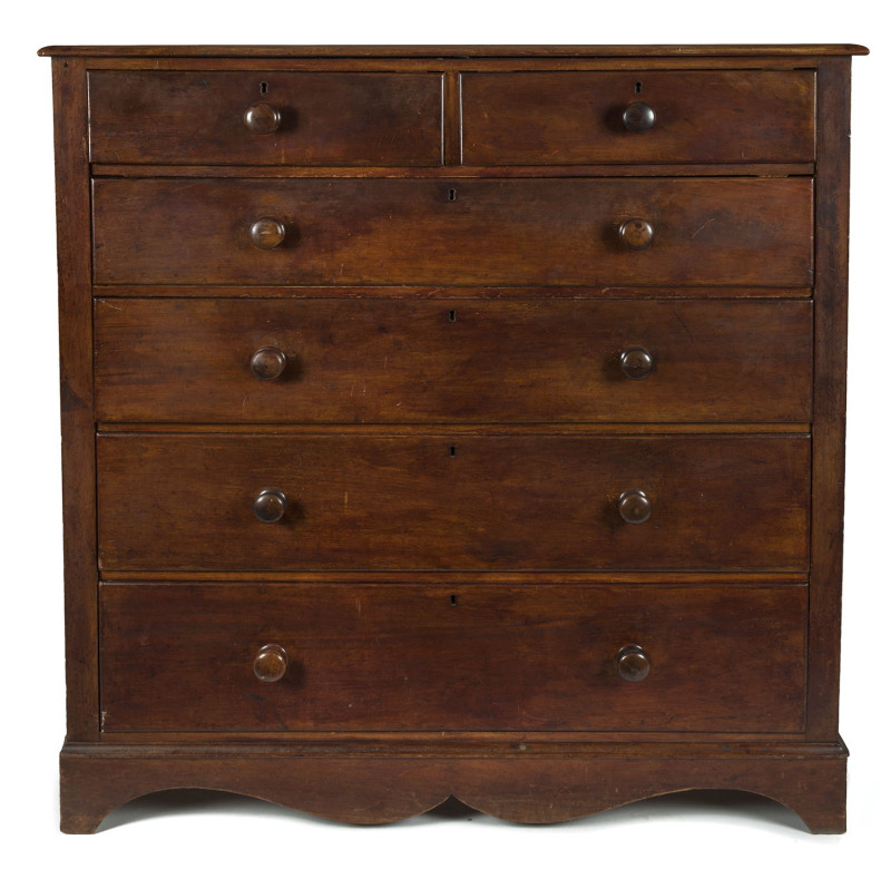 An Australian cedar six drawer chest with unusual ogee shaped foot and apron, Northern New South Wales, mid 19th century, cedar backing boards and secondary timbers, pine drawer bottoms, 131cm high, 126cm wide, 51cm deep