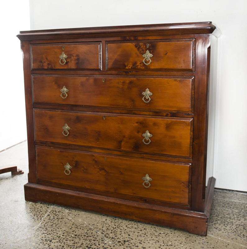 A Tasmanian huon pine chest of drawers with cedar stain, late 19th century, 101cm high, 106cm wide, 51cm deep