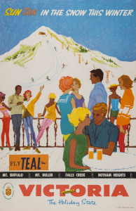 [INTERNATIONAL AIRLINES] Sun Tan In The Snow This Winter. Victoria, Australia. The Holiday State c1960s colour process lithograph, 101.4 x 64.5cm.