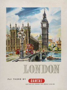 [AUSTRALIAN AIRLINES] Harry Rogers (Australian, 1929 - 2012) LONDON, Fly There By QANTAS, c1960s colour process lithograph, initialled "H.R." in image lower left, 99 x 74cm. Linen-backed.