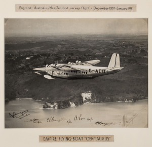 Dec.1937 - Jan.1938 (AAMC.775-782) The IMPERIAL AIRWAYS EMPIRE FLYING-BOAT SURVEY FLIGHT Empire Flying Boat "Centaurus." England-Australia-New Zealand Survey Flight, c1937-1938. Silver gelatin photograph, autographed by the crew in ink on image lower left to right, titled in ink on accompanying slips mounted above and below image, 29 x 38cm.