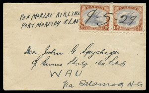 PAPUA - Aerophilately & Flight Covers: 1928 (May 9) Port Moresby-Salamaua-Lae-Wau AAMC.P17 cover endorsed "PER MORLAE AIRLINE/PORT MORESBY & LAE" with Lakatois 1½d (2) cancelled in large manuscript "9.5.29", carried by Ray Parer in a DH-9, fine condition. The only known cover carried on the flight, Cat. $2000. Ex Billy Houston & Roger Lee.