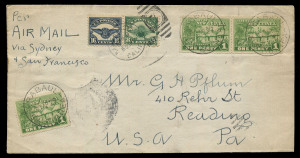 NEW GUINEA - Aerophilately & Flight Covers: 1927 (Apr. 30) USA internal airmail combination franking AAMC.P1b cover to Reading (PA), endorsed "Per/AIR MAIL/via Sydney/& San Francisco" with Huts 1d green (3) tied by Rabaul datestamps paying 3d surface rate to USA, plus USA 16c & 8c Airmails tied by SAN FRANCISCO 'JUN9/1927' paying the USA 24c internal airmail fee, fine and attractive, Cat.$1000.