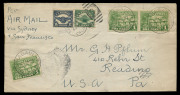 NEW GUINEA - Aerophilately & Flight Covers: 1927 (Apr. 30) USA internal airmail combination franking AAMC.P1b cover to Reading (PA), endorsed "Per/AIR MAIL/via Sydney/& San Francisco" with Huts 1d green (3) tied by Rabaul datestamps paying 3d surface rate