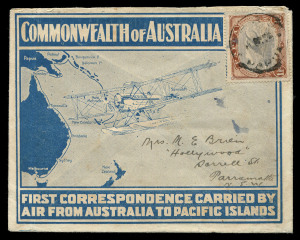 PAPUA - Aerophilately & Flight Covers: 1926 (Oct.11) Pacific Islands Survey Flight AAMC.P2a with Biplane over Map illustration in blue, addressed to NSW with Lakatois 1½d on face plus 1½d & 3d on reverse all cancelled by DARU '11OC26' datestamps, cover flown by Group Captain Richard Williams internally to Port Moresby, a couple of trivial blemishes, A great rarity of Papuan Aerophilately with only six of the 50 covers carried bearing Papua frankings, Cat. $17,500. Ceremuga Certificate (2009).