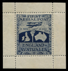 Nov. 1919 England - Australia (AAMC.27b) Ross Smith vignette with full margins, very well centred and unmounted with just light traces of hingeing in margins only, an exceptional example of this iconic item, Cat. $20000 for mounted mint. [AAMC states "about 25 mint copies are held in museums ... about 50 specimens with complete selvedge exist in private collections"; of the 576 issued, 364 were attached to letters carried and cancelled on arrival in Melbourne on 26 Feb 1920.