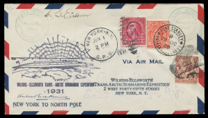 ANTARCTICA: Dec.1928 Deception Island-Antarctica per Sir Hubert Wilkins & Carl Ben Eielson with Falklands 1d just tied by 'Wilkins Antarctic/Deception/Island/Expedition' cachet in green and by 'PORT STANLEY/29OC/30/FALKLAND ISLANDS' datestamp, another strike of the cachet at upper-left, signed by the pilot "CB Eielson"; subsequently carried on the 1931 Wilkins-Ellsworth Trans-Arctic Submarine Expedition & signed "Hubert Wilkins".