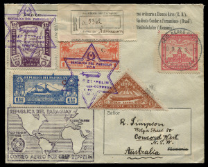 PARAGUAY: 1932 (Sept.) Paraguay - Germany per "Graf Zeppelin" registered to Australia with flight cachets including oval 'SERVICIO AEREO/CONDOR-ZEPPELIN/TRANSATLANTICO' on the flap, German 'FRIEDRICHSHAFEN (BODENSEE)/21.9.32/MIT LUFTSCHIFF/GRAF ZEPPELIN/BEFORDERT' transit backstamp overstruck with SYDNEY datestamp, 'CENTRAL CONCORD/24OC32/NSW' arrival b/s. Very few Zeppelin covers, either to or from Australia, have been recorded.