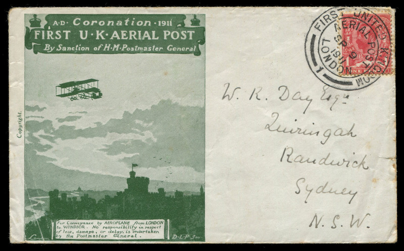 AUSTRALIA: Aerophilately & Flight Covers: Commercial Airmail Inwards to Australasia: Great Britain - Accelerated By Airmail: 1911 (Sept. 9) first day use of deep dull green envelope (with insert) at inaugural British air mail service to Sydney. Two exampl
