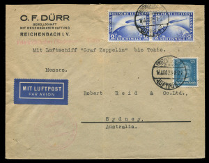 AUSTRALIA: Aerophilately & Flight Covers: Commercial Airmail Inwards to Australasia: Germany - Accelerated By Airmail: 1929 (Aug.15) remarkable commercial usage of cover (small flap faults) from Freidrichshafen to Sydney carried to Japan aboard Graf Zeppelin Round The World Flight (Aug 7-Sept 4), bearing 1928 Graf Zeppelin 2Rm pair (airmail surcharge) and 25pf (UPU rate), typewritten 'Mit Luftschiff ?Graf Zeppelin? bis Tokio', handstamped 'Friedrichshafen (Bodense) ? Tokio', and pictorial 'LUFTS
