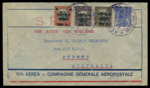 AUSTRALIA: Aerophilately & Flight Covers: Commercial Airmail Inwards to Australasia: Brazil - Accelerated By Airmail: 1929 (Sept. 14) Compagnie Générale Aéropostale cover from Rio de Janeiro to Sydney bearing aggregate franking of 3,000r, typewritten 'PAR AVION VIA TOULOUSE', conveyed by Air France, rate representing UPU 500r + airmail surcharge 2,500r per 5gms, Sydney (Oct. 25) backstamp. Attractive.