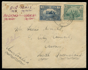 AUSTRALIA: Aerophilately & Flight Covers: Commercial Airmail Inwards to Australasia: Iraq - Accelerated By Airmail: 1929 (Oct. 31) registered cover Iraq to Cairns Queensland endorsed 'BAGHDAD-KARACHI' (minor contemporary ink stains) bearing British Occupation of Iraq 3a (2, one on reverse) and 6a tied by Sula Mani datestamp, 'SULAIMANI' blue/white provisional registration label, representing UPU 4½a rate (20-40gms) plus airmail surcharge 1½a per 10gms x3 plus 3a registration