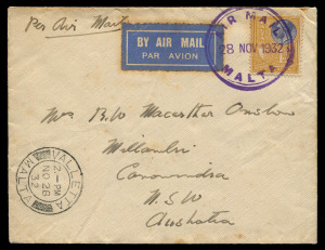 AUSTRALIA: Aerophilately & Flight Covers: Commercial Airmail Inwards to Australasia: Malta: 1931-32 covers from Valletta to Melbourne or Canowindra NSW franked 10½d and 4½d for double and single airmail surcharge to Italy (3d per ½oz), thence by surface to Australia, former registered and with three Australian backstamps, latter with bold double-circle 'AIR MAIL/MALTA' handstamp in violet. (2)
