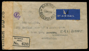 AUSTRALIA: Aerophilately & Flight Covers: Commercial Airmail Inwards to Australasia: Malta: 1944 (Feb. 7) registered cover Notabile to Babinda Queensland, redirected Brisbane, franked 4&frac12;d strip of four plus 1d tied by 'NOTABILE BO/MALTA' double-circle cds