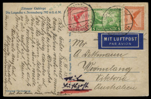 AUSTRALIA: Aerophilately & Flight Covers: Commercial Airmail Inwards to Australasia: Germany: 1933 (Dec 5) real photo postcard from Grobschönau to Victoria franked aggregate 65pf for UPU 15pf (postcard) rate plus airmail surcharge 50pf, carried Imperial Airways flight IE246, the first to be extended from Rangoon to Singapore. Postcards accelerated by airmail in this early period very rare.